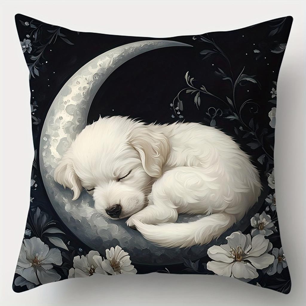 Sleepy Puppy & Moonlit Floral PillowcaseLiving Room Sofa Cushion Cover, Soft and Comfortable, Bedroom Room Decoration