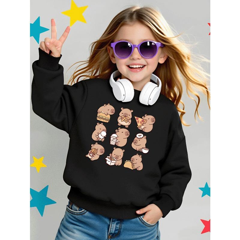 European sizes Adorable Capybara-Themed Crewneck Sweatshirt for Kids, Featuring a Food-Eating Design. Ideal for Both Sports And Casual Occasions