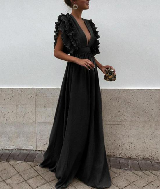 

Весна/Лето 2023 Платье макси с V-образным вырезом, рукавами-крылышками и открытой спиной, однотонное, для женщин XXXL чёрный