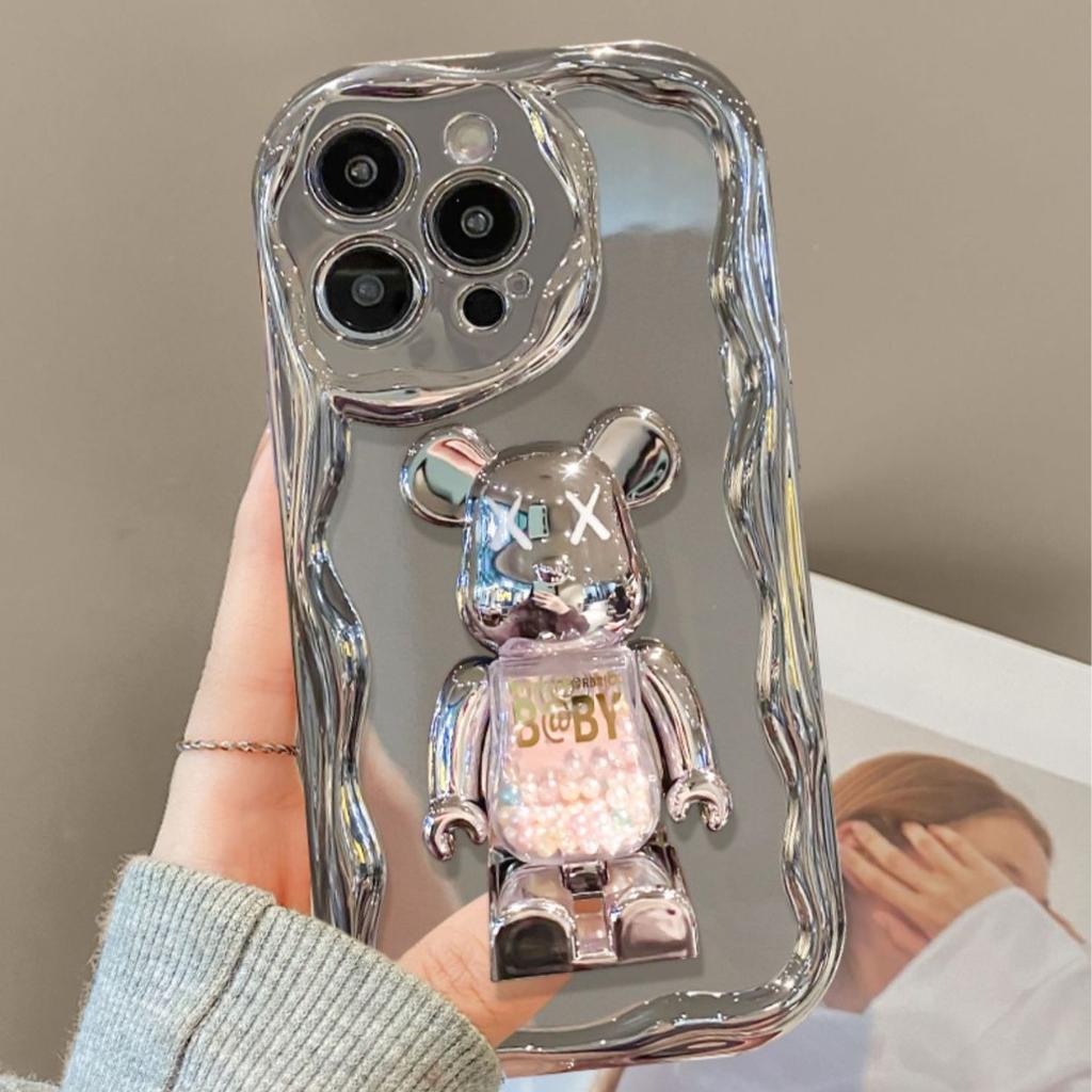 Cartoon Bear Stand Suitable for Apple 15promax Mobile Phone Case Iphone14/13 Electroplated Silver Xs High-end Sense