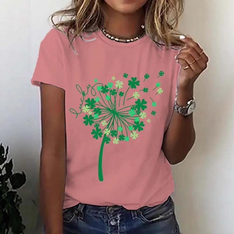 Damen Lucky Clover Pusteblumen Print T-Shirt Lässiges Kurzarm Rundhals Oberteil Sommer