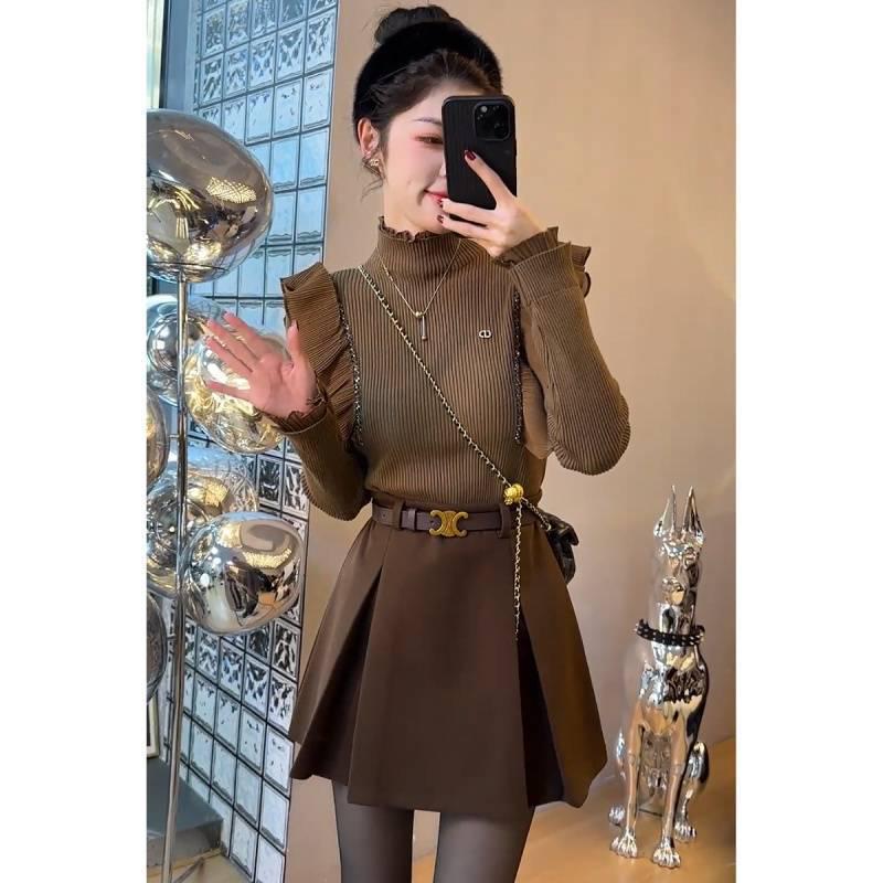 Women's Spring 2025 Korean Style Ruffle Sweater & High-Waisted Midi Skirt Two-Piece Set