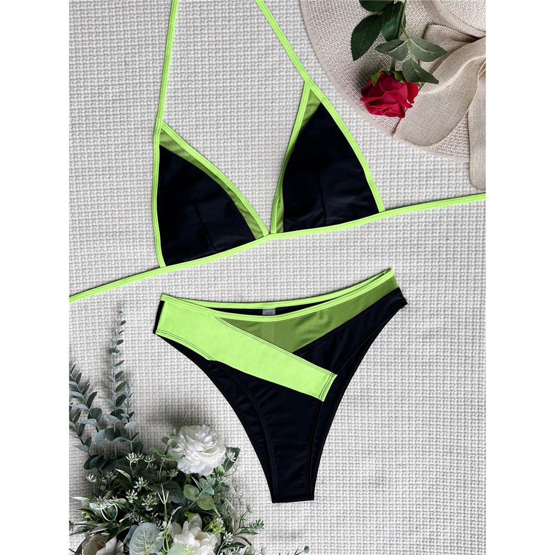 

Сексуальный сетчатый бикини со средней талией, женский купальник, женский купальник, комплект бикини из двух частей, купальный костюм для плавания L чёрный/зелёный