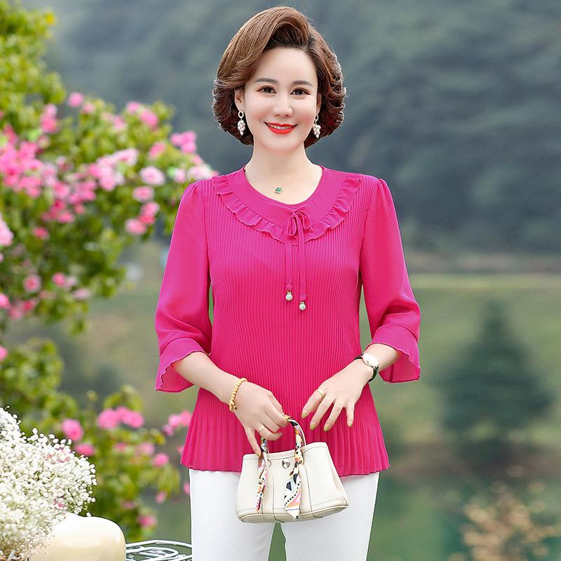 

Жіночі літні топи з рукавами три чверті, жіноча блуза з круглим вирізом, сорочка середнього віку для мами, вільні однотонні шикарні блузки 5XL