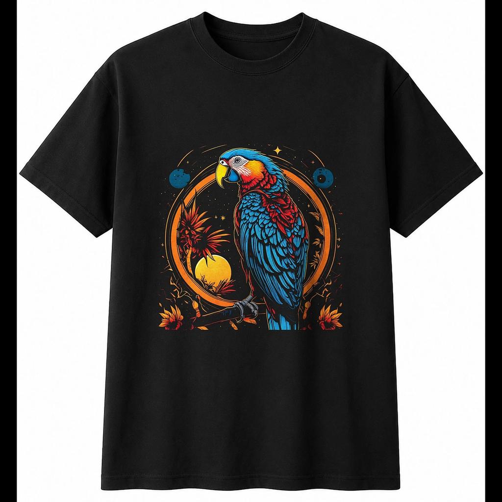 Tattoo Parrot In Moonlight Bird Mens T-Shirt Black 100% Cotton Wildlife Printed
