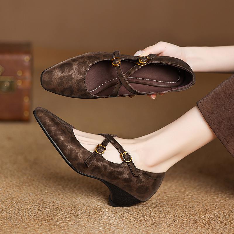 Krazing Pot Cow Skin Spring Summer Size 43 Size 42 Size 41 Thick Med Heels Women Square Toe Leisure Leopard Pumps