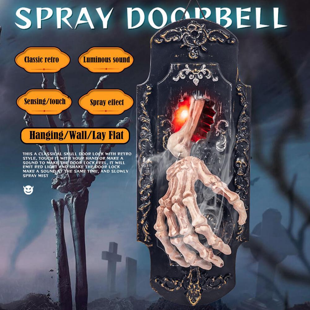 Halloween Hanging Doorbell, Touch/Motion Activated Skeleton Hand Door Bell with Red Light & Scary Sound Haunted House Decoration