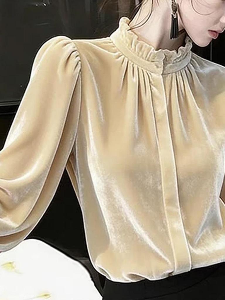 Women's French Velvet Shirt with Wood Ear Collar - Light Luxury, Casual, Loose, Slimming, Versatile Top for Autumn/Winter
