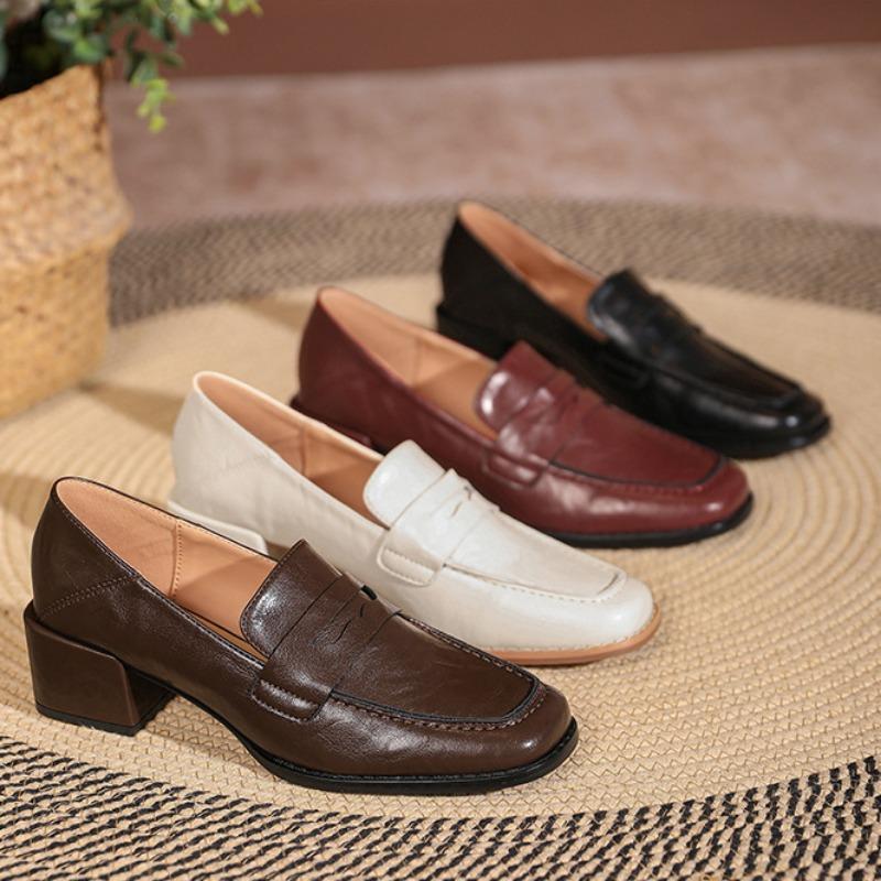 Retro Loafers Myke Skinn Hæler Toveissko Collegestil Små Skinnsko Slip-on Sko for Kvinner Tykke Hæler Høye Hæler