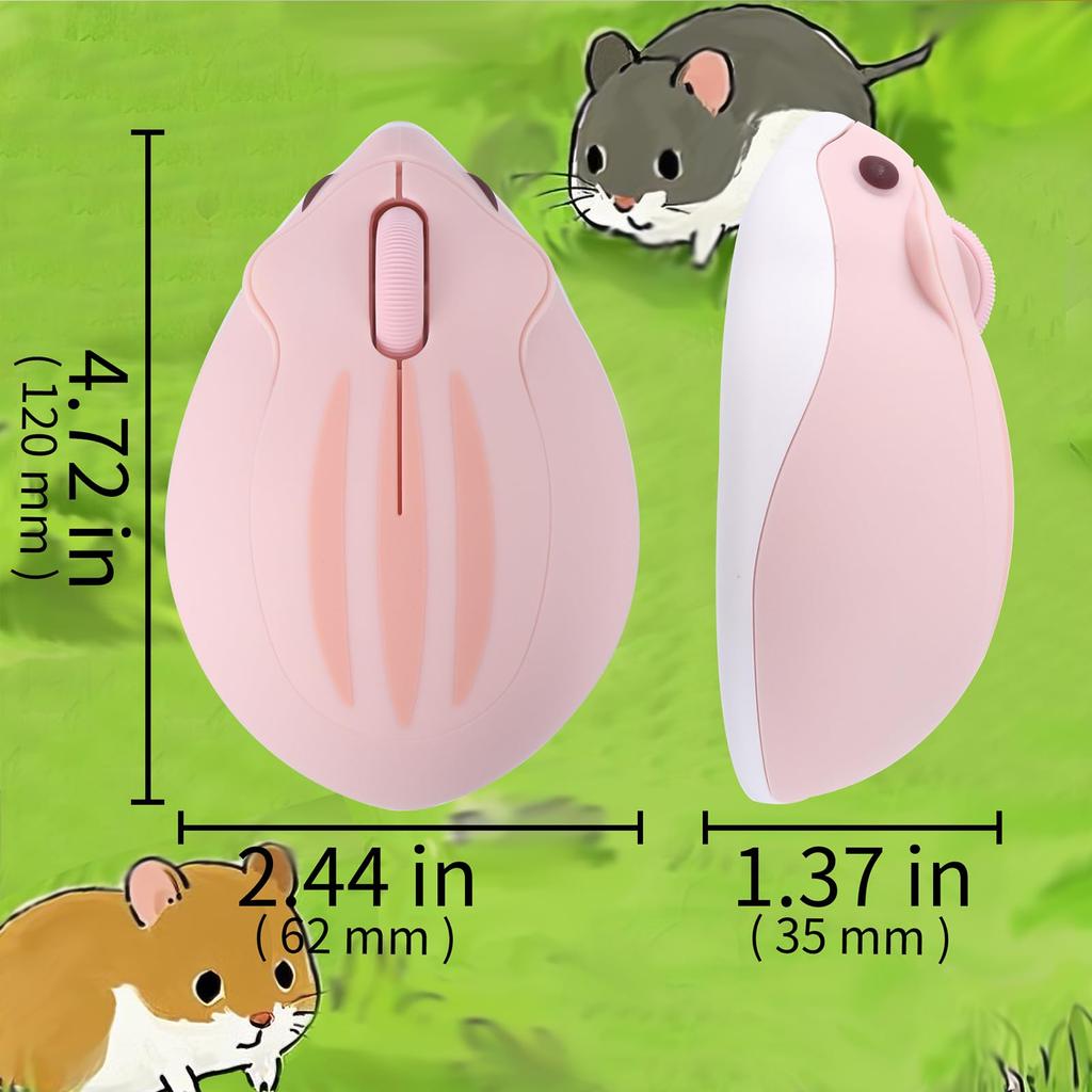 HUMTSO Wireless Mouse, 2.4Ghz + Bluetooth 3-Button Dual-Mode Connection, Wireless, Receiver Included, Medium Size, Cute Hamster Character, Small,