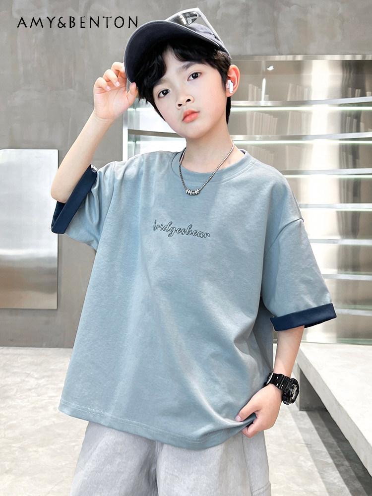 Boys Summer Short Sleeve Thin Breathable T-shirt Kids Stylish and Trendy O-neck Loose Letter Print Casual Sporty Tee