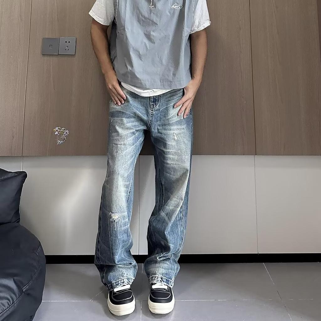 Herbst und Winter Neue amerikanische High Street gewaschene helle Jeans für Männer und Frauen mit geradem Bein, leicht ausgestelltem Bein und weitem Bein