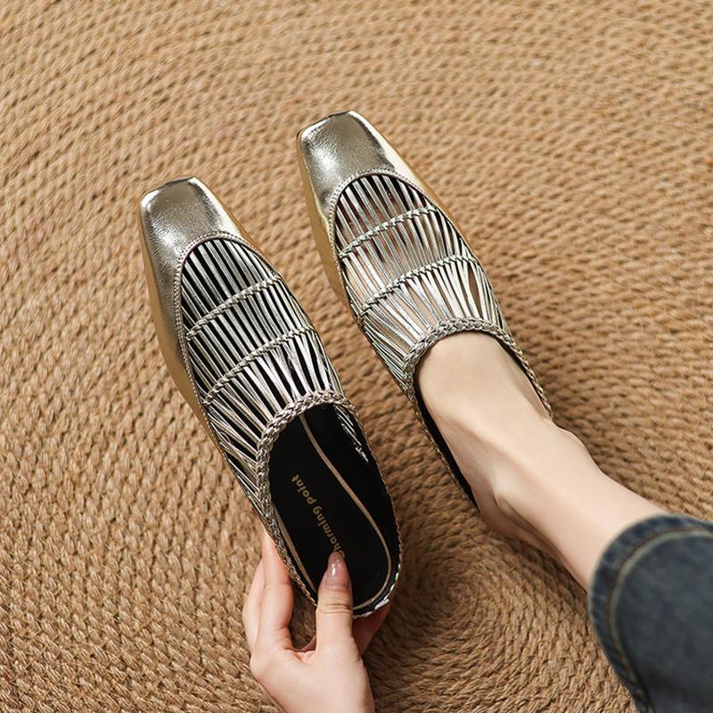 Fashion NEW Summer Women Mules Split Leather Shoes Women Square Toe Chunky Heel Shoes Cover Toe Slingback Sandals Weave Modern Slippers