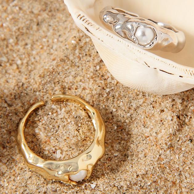 925 Sterling Silver Irregular Sminimalist Pearl Rings 18k Glod Plated Ring Open Ring for Women