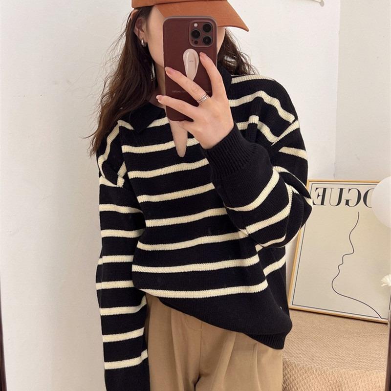 Autumn and winter milk wear sweater women's PO collar loose striped design sense niche soft waxy knitted sweater thickened top