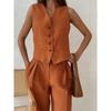 Women's Loose Fit Two Piece Pant Suit Sleeveless V Neck Button Vest Low Waist Wide Leg Trousers