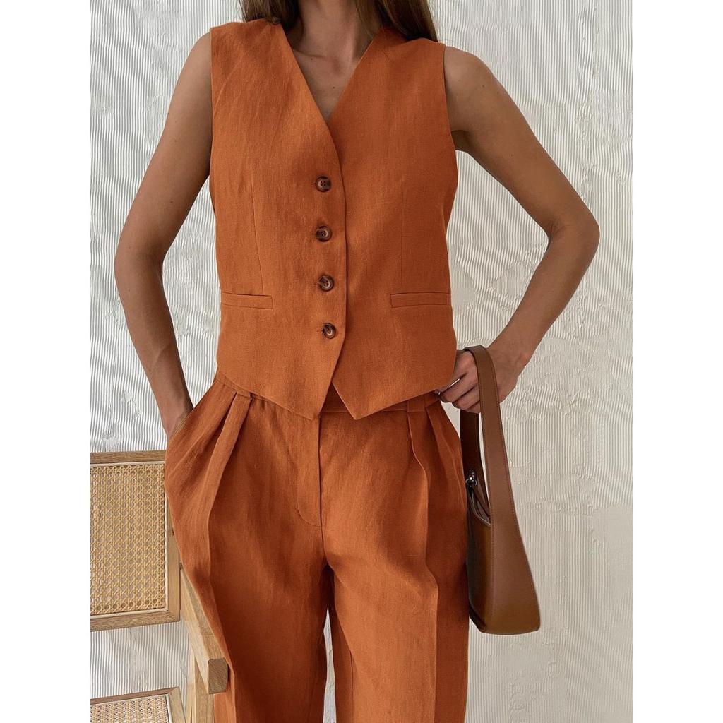 Women's Loose Fit Two Piece Pant Suit Sleeveless V Neck Button Vest Low Waist Wide Leg Trousers