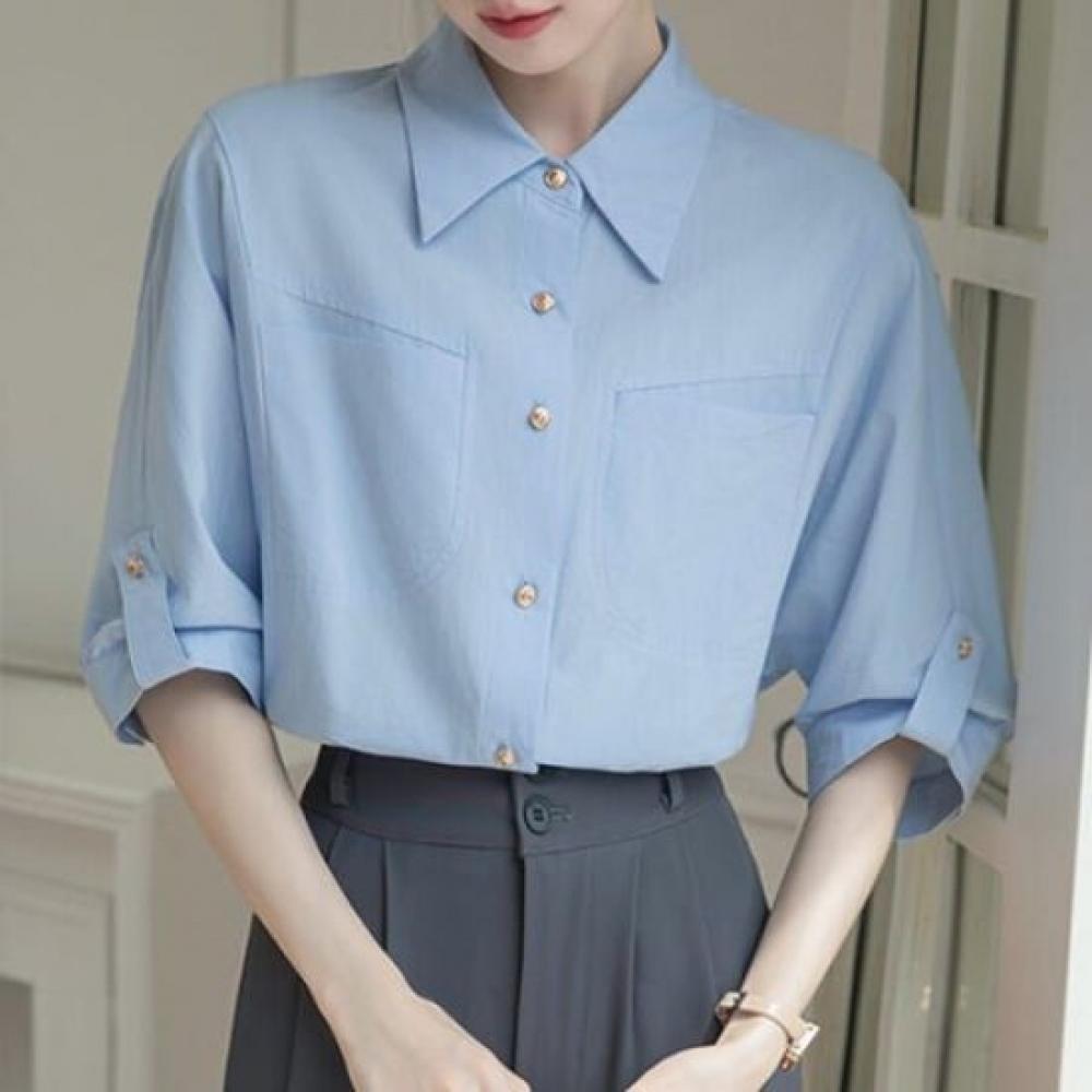 Navava Women Casual Retro Short Sleeve Collar Shirt Nb2807