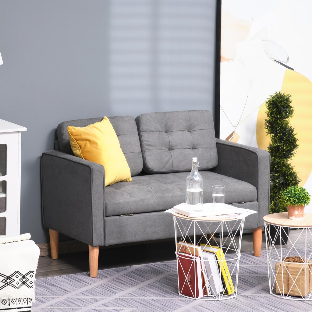 2-Seater Sofa, Couch with Storage, Wooden Legs, Padded Upholstered Sofa with Velvet Look for Living Room, Bedroom, 117 x 62 x 78 cm, Gray