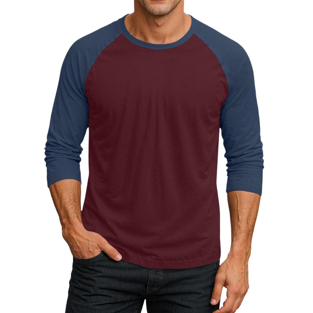 Men's Round Neck Contrast Color Raglan Three-quarter Sleeve Top T-shirt