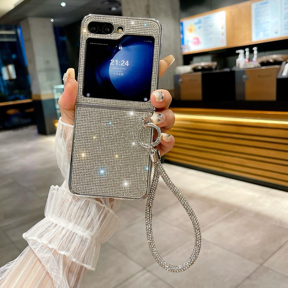 Custodia Braccialetto con Catena Glitterata e Diamanti per Samsung Galaxy Z Flip 6 5 4 3 flip6 Zflip Braccialetto Bling Strass Antiurto Cover Rigida
