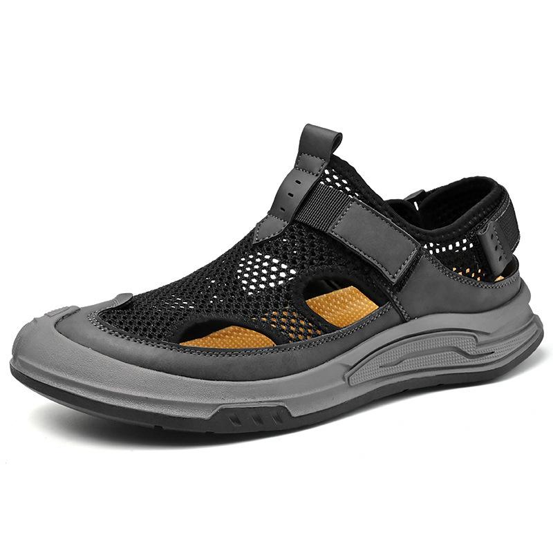 

Мужские сетчатые туфли 2025 новая летняя дышащая полая кожаная обувь мягкая подошва одна педаль нескользящая сумка голова уличная повседневная обувь 46 чёрный