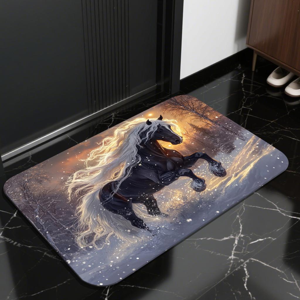 Winter Horse Door Mat Flannel Soft Kids Rug Fantasy Animal Print Kitchen Bedroom Floor Mat Anti Slip