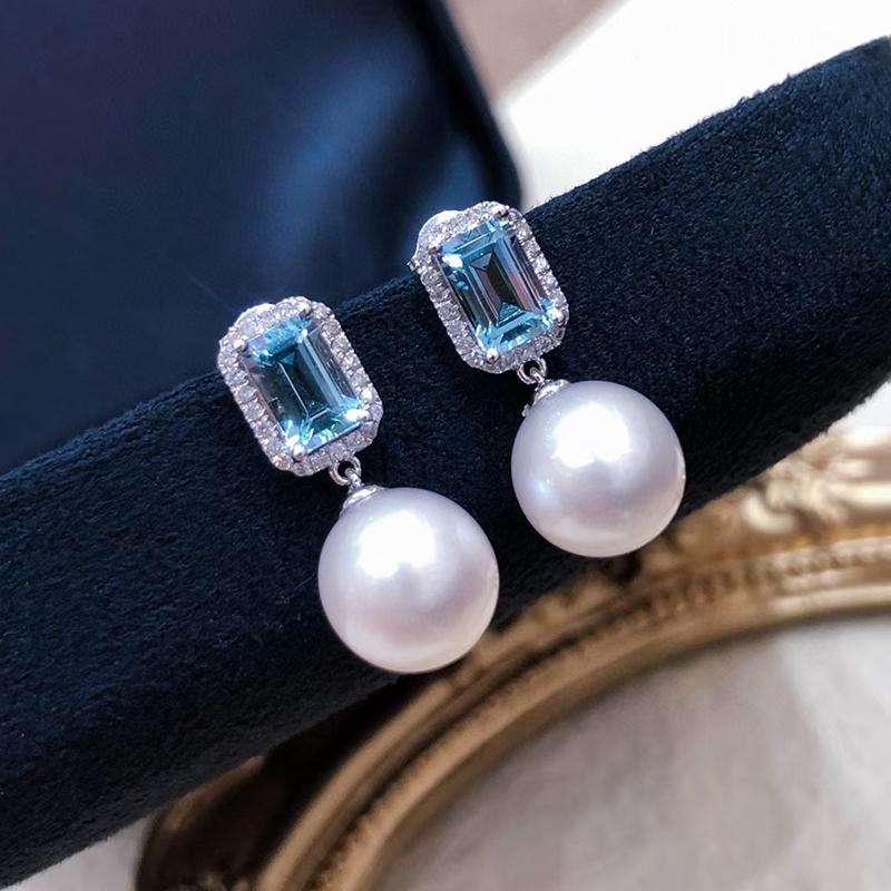 

Huitan Simulated Pearl Earrings with Square Blue Cubic Zirconia Trendy Women Ear Accessories New Wedding Band Fashion Jewelry