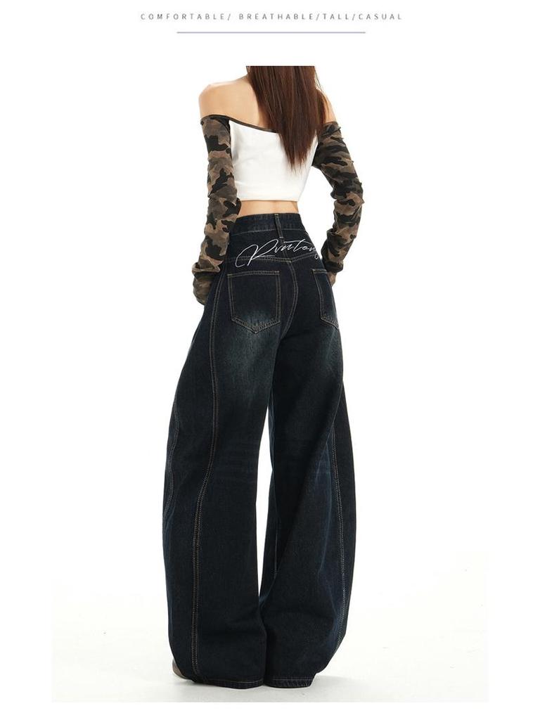 Women's Autumn High-Waisted Scimitar Jeans: Lazy Style Loose Wide-Leg Mop Pants