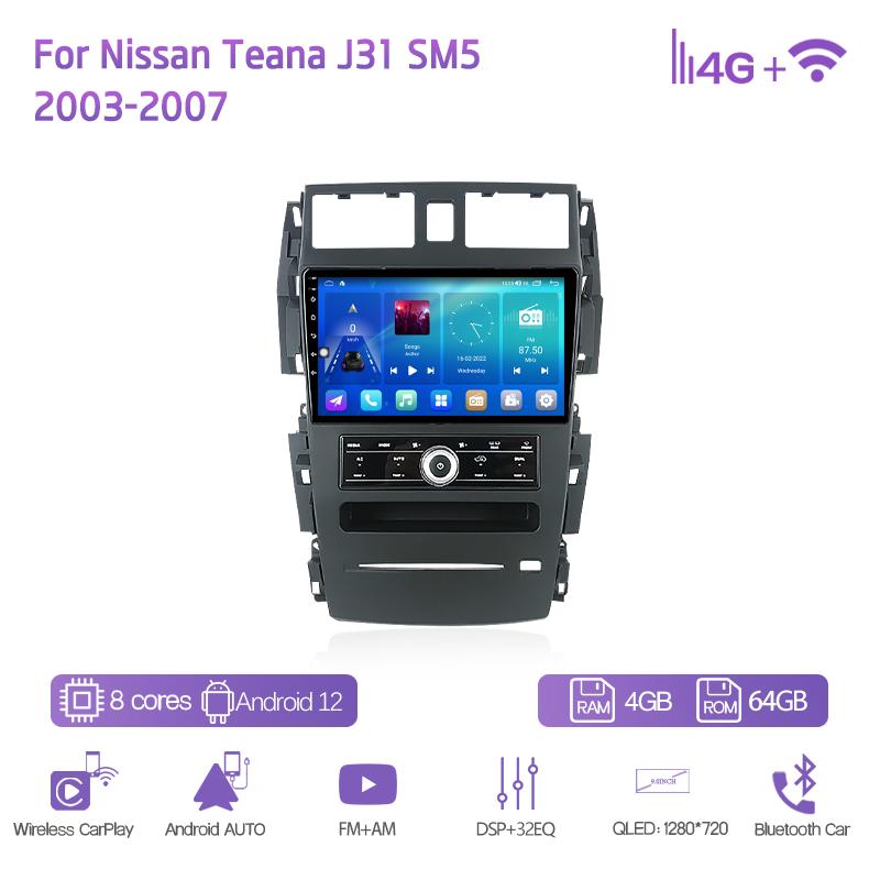9Inch For Nissan Teana J31 SM5 2003-2007 GPS Navigation Radio Android12 8+128G 8Core CarPlay 4G 360Camera Car Multimedia Player