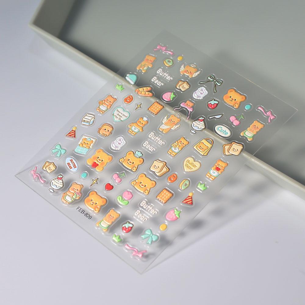 

2024 Модные наклейки для ногтей с изображением мультяшного медведя: 5D тиснение, клей