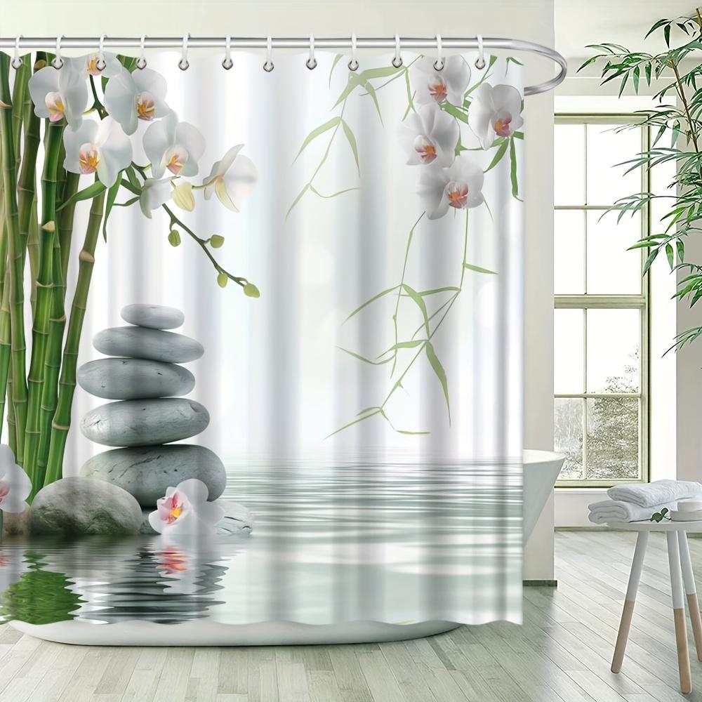 Waterproof Shower Curtain with Zen Inspired Design Featuring Stacked Stones Bamboo and Orchids for a Relaxing Bathroom