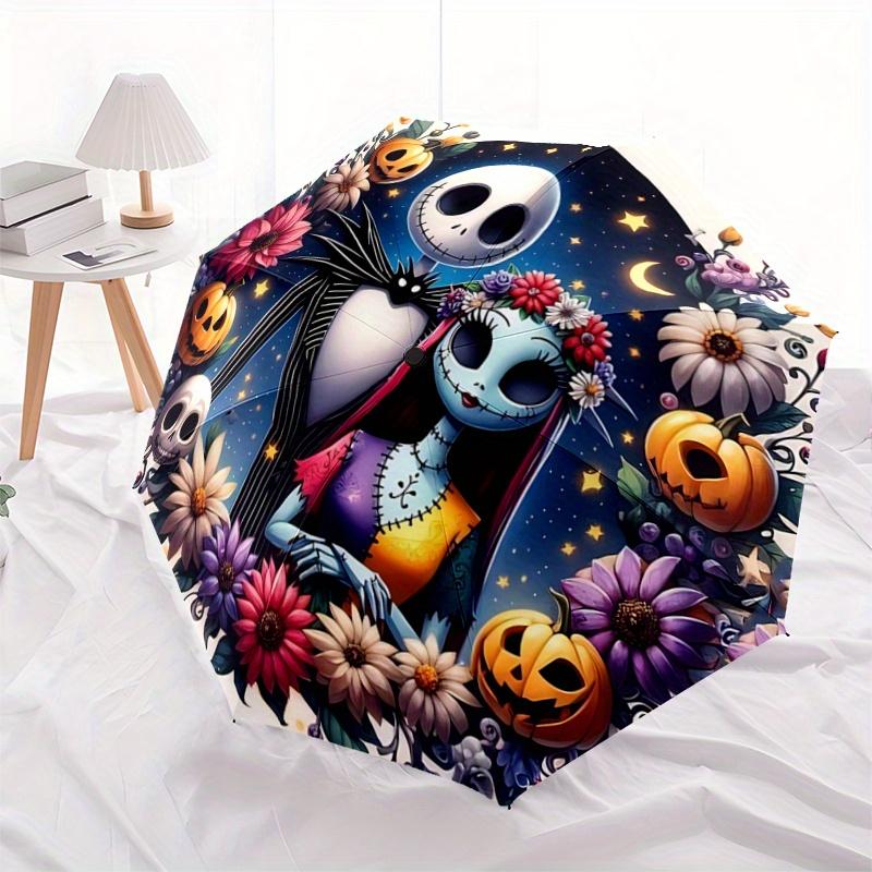 1pc Sally & Jack Skellington Halloween Automatic Folding Umbrella - 3 Folding Design, Vivid Cartoon Pattern, Suitable for Outdoor Activities