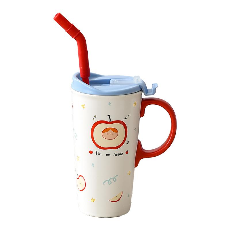 Cute Red Apple Tall Mug Ceramic Cup with Lid Girl Couple Milk Tea Cold Drink Straw Cup