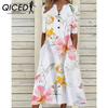 QICED Elegant Women Dresses V Neck Short Sleeve Button Party Dress Female Summer Vintage Print Dress Casual Loose Floral Ladies Dresses