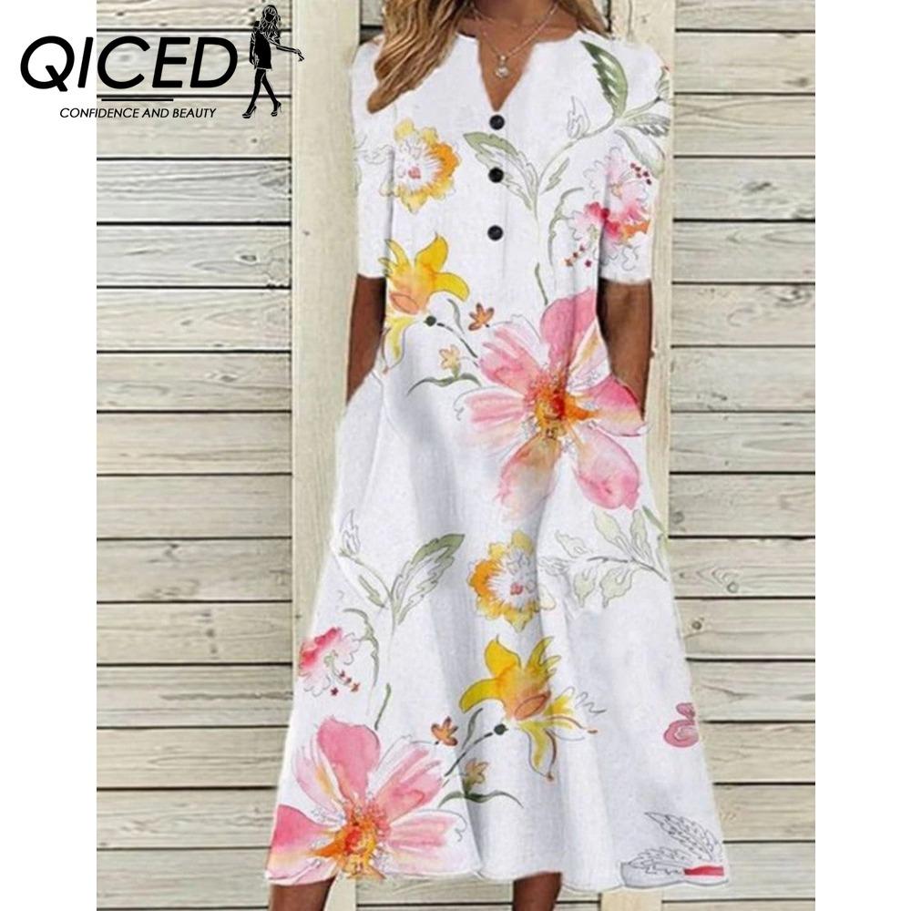 QICED Elegant Women Dresses V Neck Short Sleeve Button Party Dress Female Summer Vintage Print Dress Casual Loose Floral Ladies Dresses