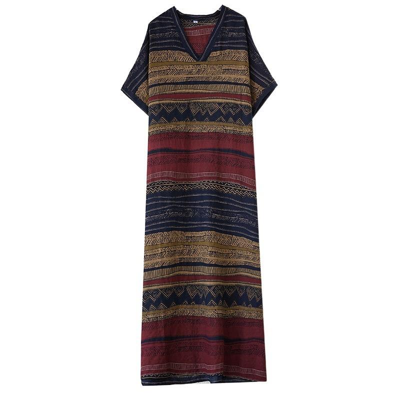 Real summer new thin cotton and linen V-neck literary loose large size simple holiday style long dress women