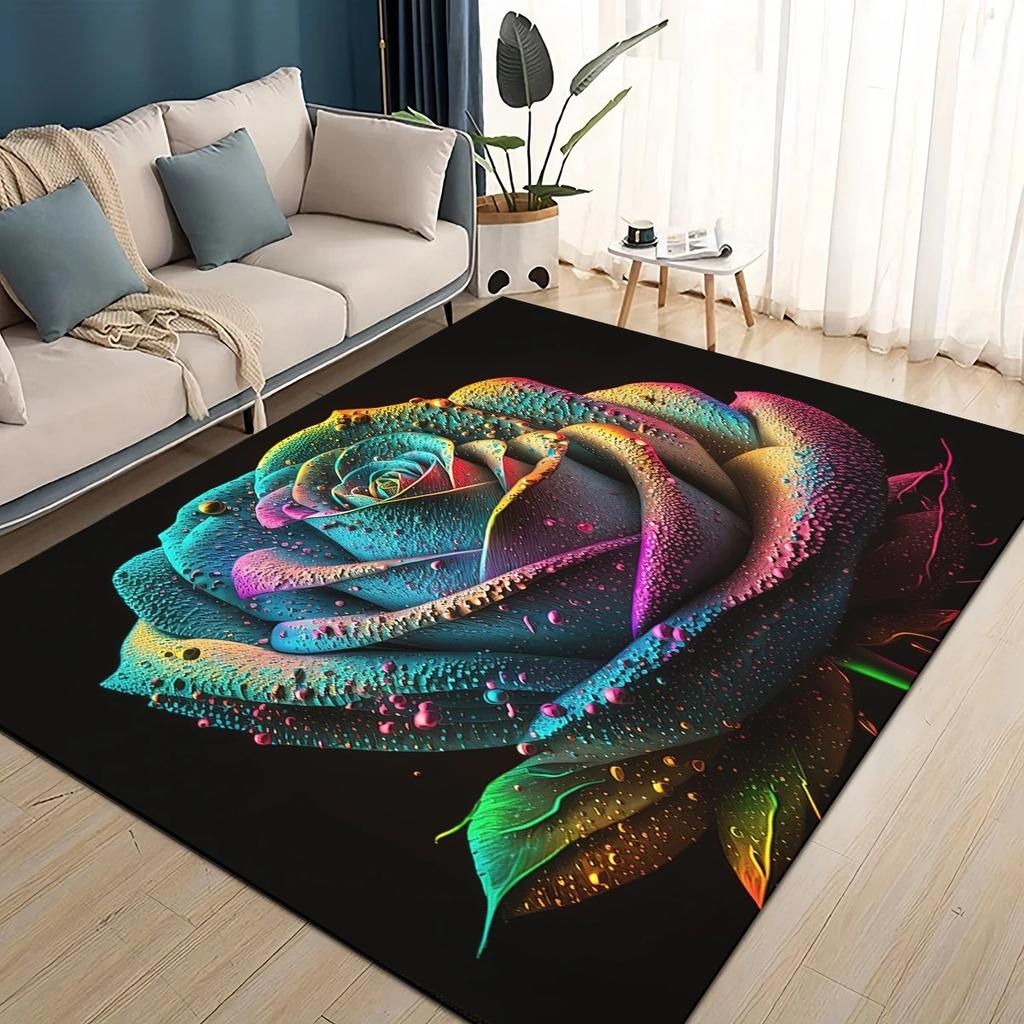 Modern Simplicity Style Colorful Rose Romantic Flower Love Carpet Rug Living Room Bedroom Home Sofa DecoratioNon-slip Floor Mat