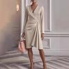 Women Sexy Slim Fit Solid Color Long Sleeve Hip Hugging Mid Length Dress