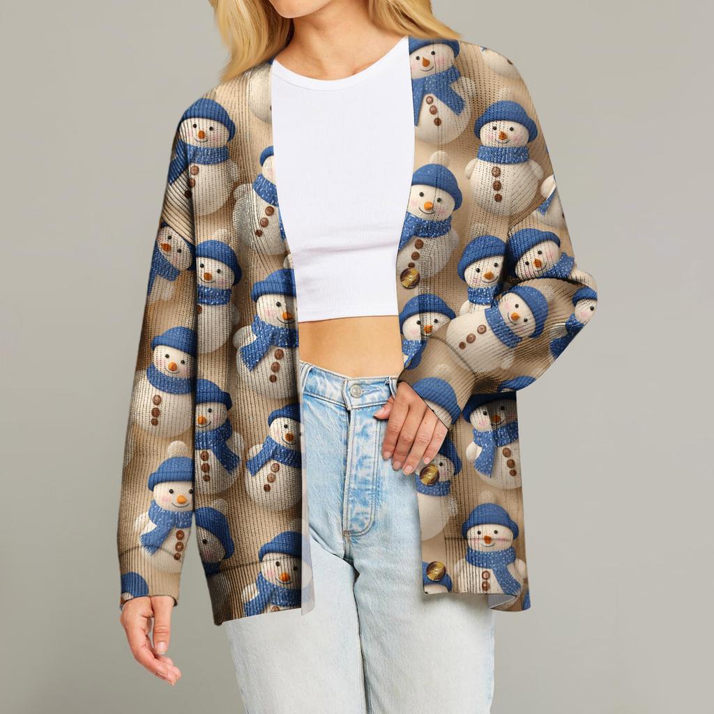 Women's Fashion Long Sleeve Print V-Neck Button Loose Cardigan Top