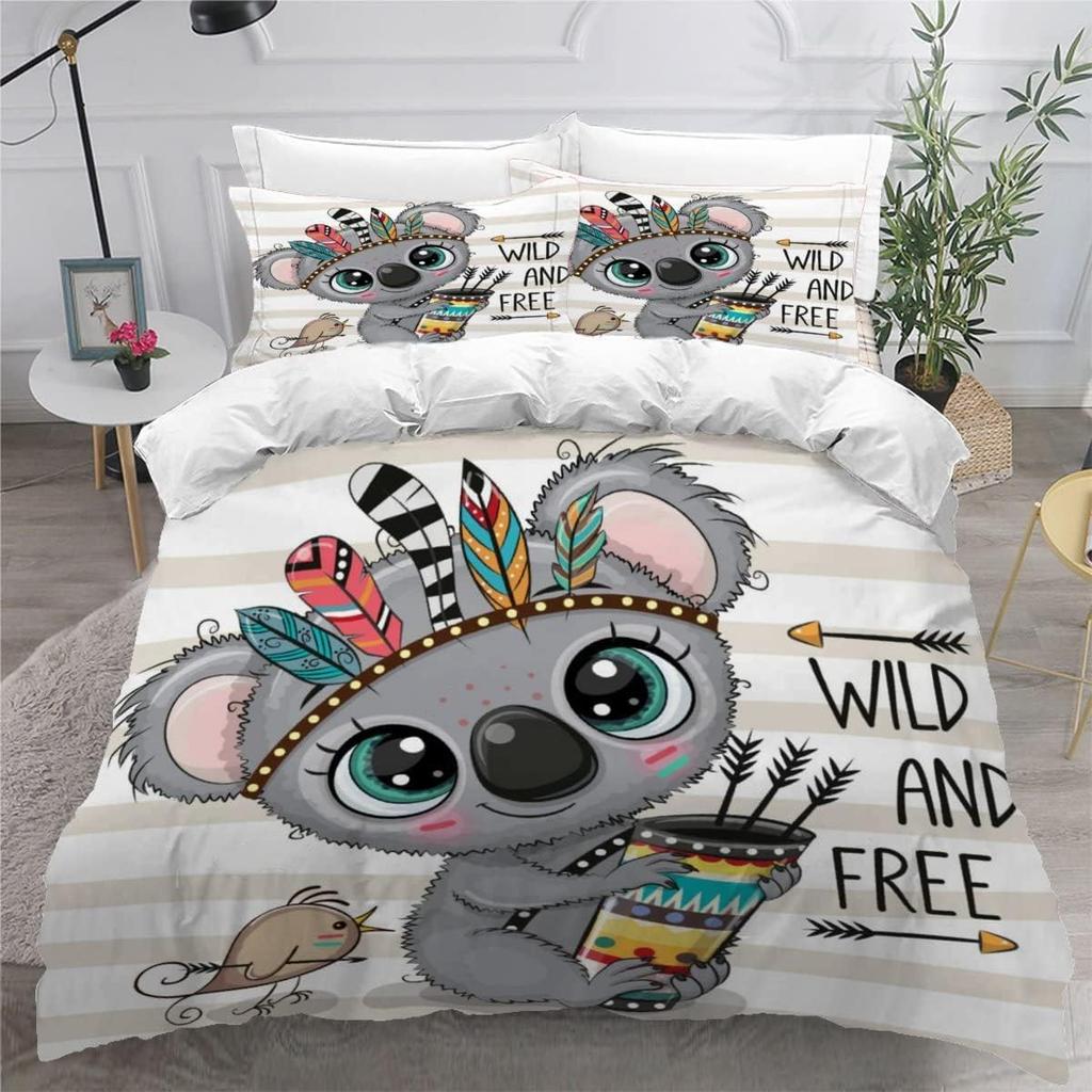 Cute Koala Flowers Pattern Duvet Cover Set,Bedding Set for Kids Girls Comforter Cover with Zipper(1 Duvet Cover+1 Pillow Case)