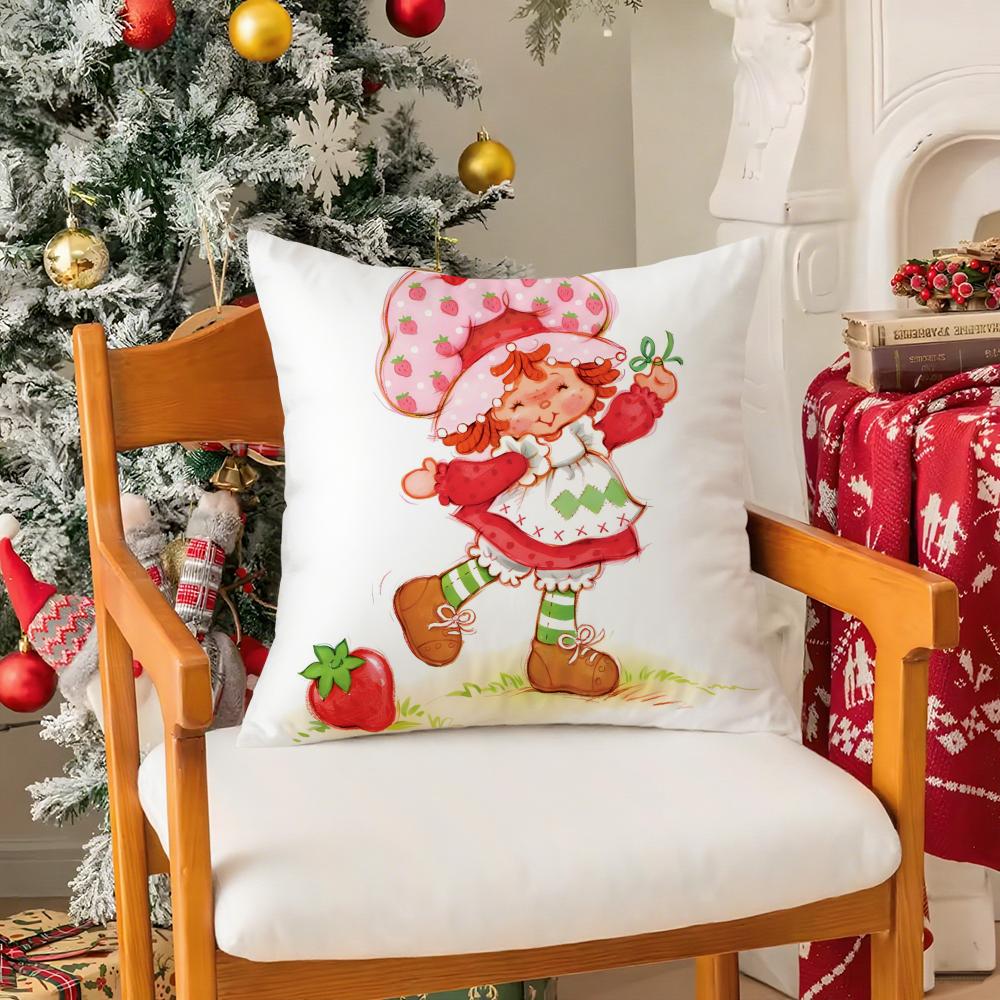 Cute Role Strawberry Shortcake-Cartoon Silky Short Plush With Invisible Zipper Dustproof Sofa Cushion Cover For Home Decor