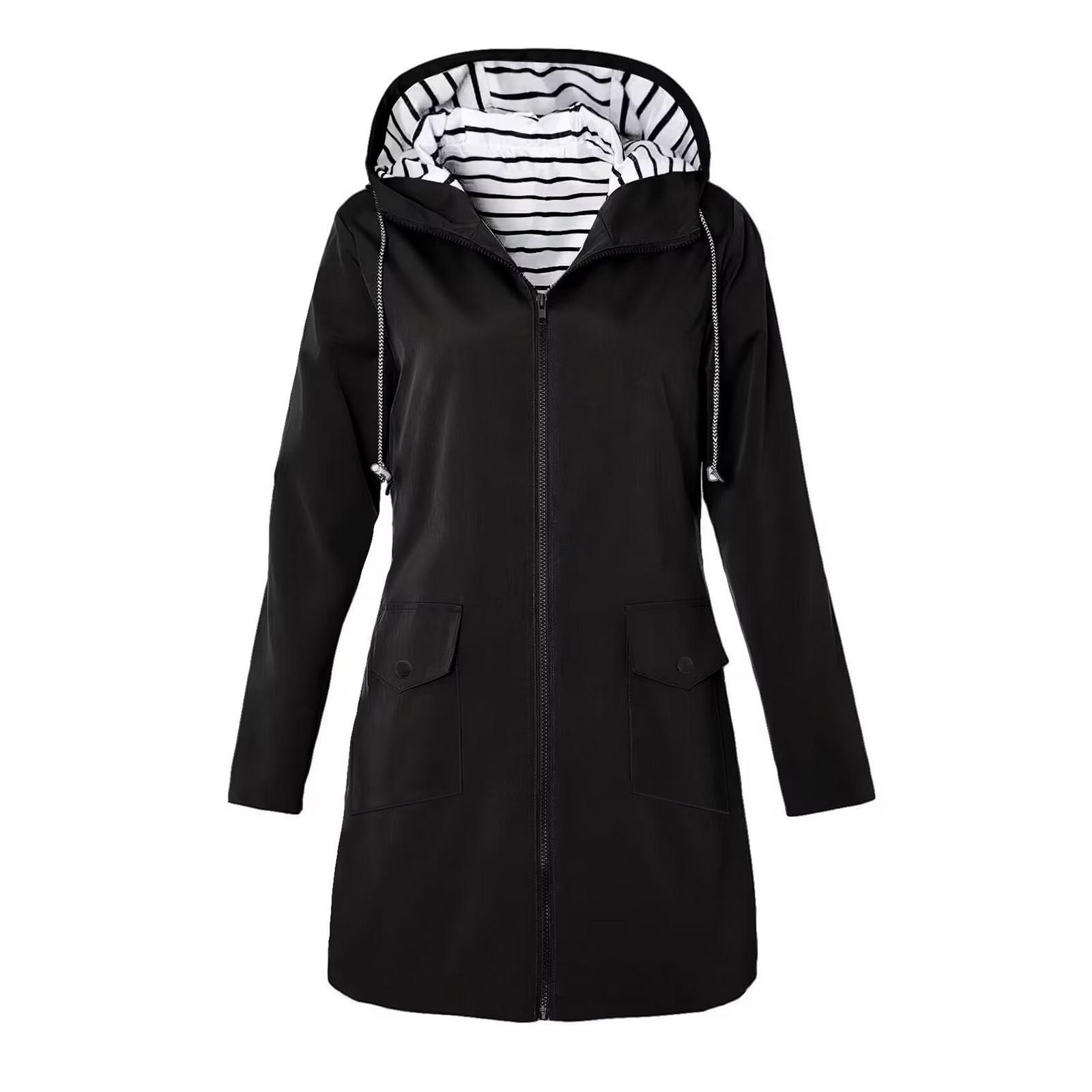 

Women s Fashionable Solid Color Long Sleeved Hooded Pocket Outdoor Hiking Suit Waterproof Jacket XXL чорний