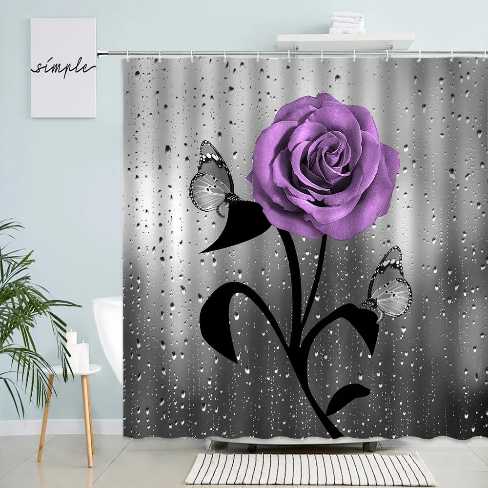 Butterfly Red Rose Shower Curtains Black Leaves Waterdrop Background Creative Nordic Woman Home Bathroom Decor Bath Curtain Set