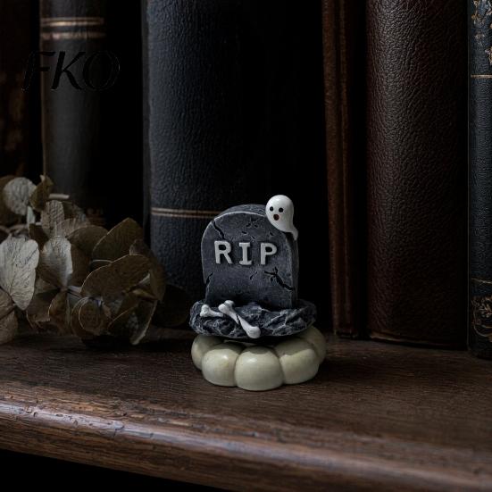 Indoor Halloween Ornaments Spooky Figurine, Small Resin Rotating Ghost Skull Pumpkin Gravestone Fall Farmhouse Decor Statue, Collectible Tabletop