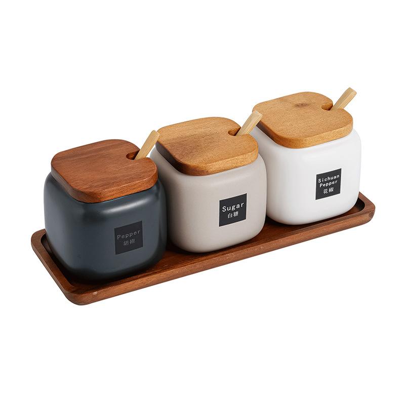 Japanese Style Kitchen Frosted Ceramic Spice Jar Set Creative Simple Seasoning Box 3-piece Set Salt, Sugar and Pepper Shakers