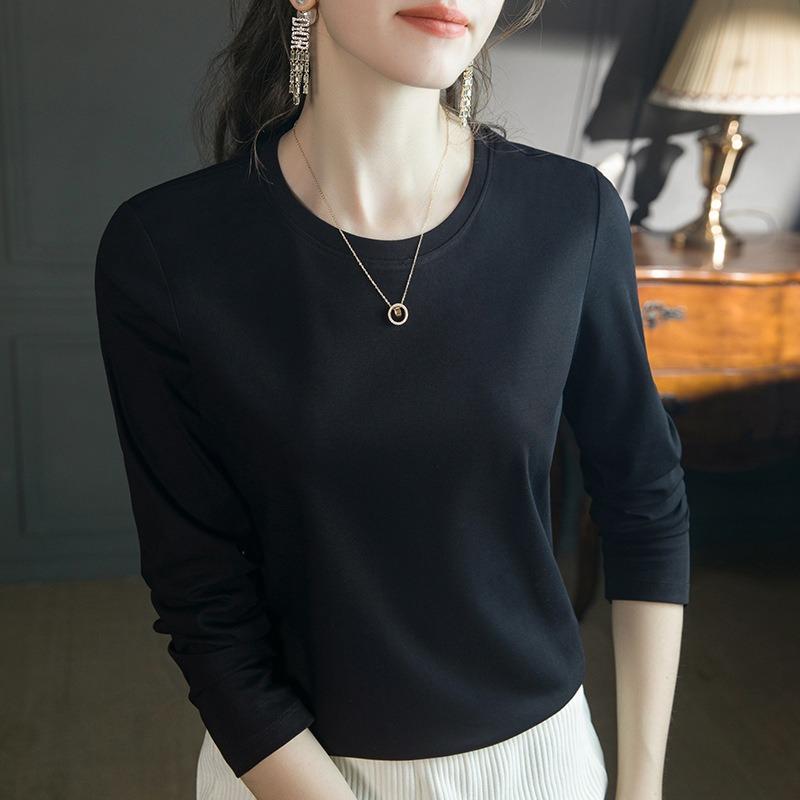 Cotton t-shirt women's new summer simple loose non-deforming double-sided mercerized cotton round neck long-sleeved t-shirt