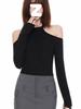 Minimalist Solid Color One Shoulder Crop Top With Spliced Long Sleeves For Casual Wear