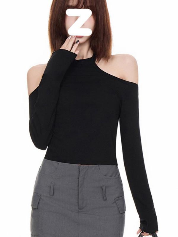 Minimalist Solid Color One Shoulder Crop Top With Spliced Long Sleeves For Casual Wear