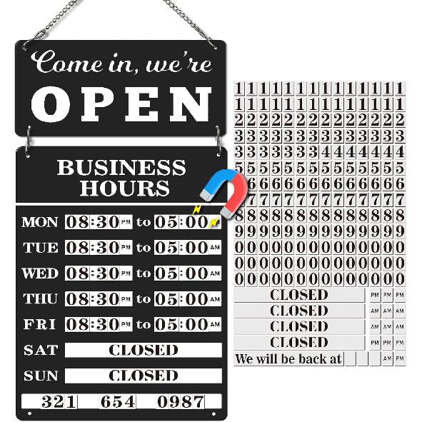 Magnetic Changeable Business Hours Sign, Metal Hours of Operation Signs for Business, Store Hours Sign for Glass Door or Window (BLACK)